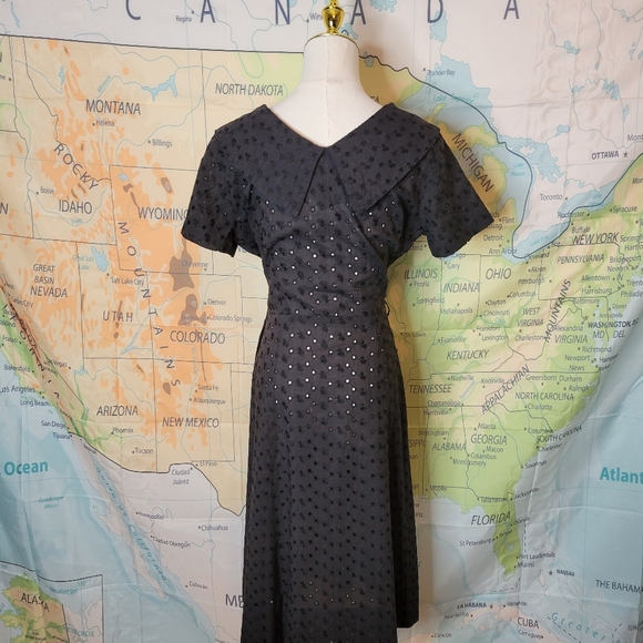Vintage Black Eyelet Dress With Crystal Buttons. - Picture 8 of 16